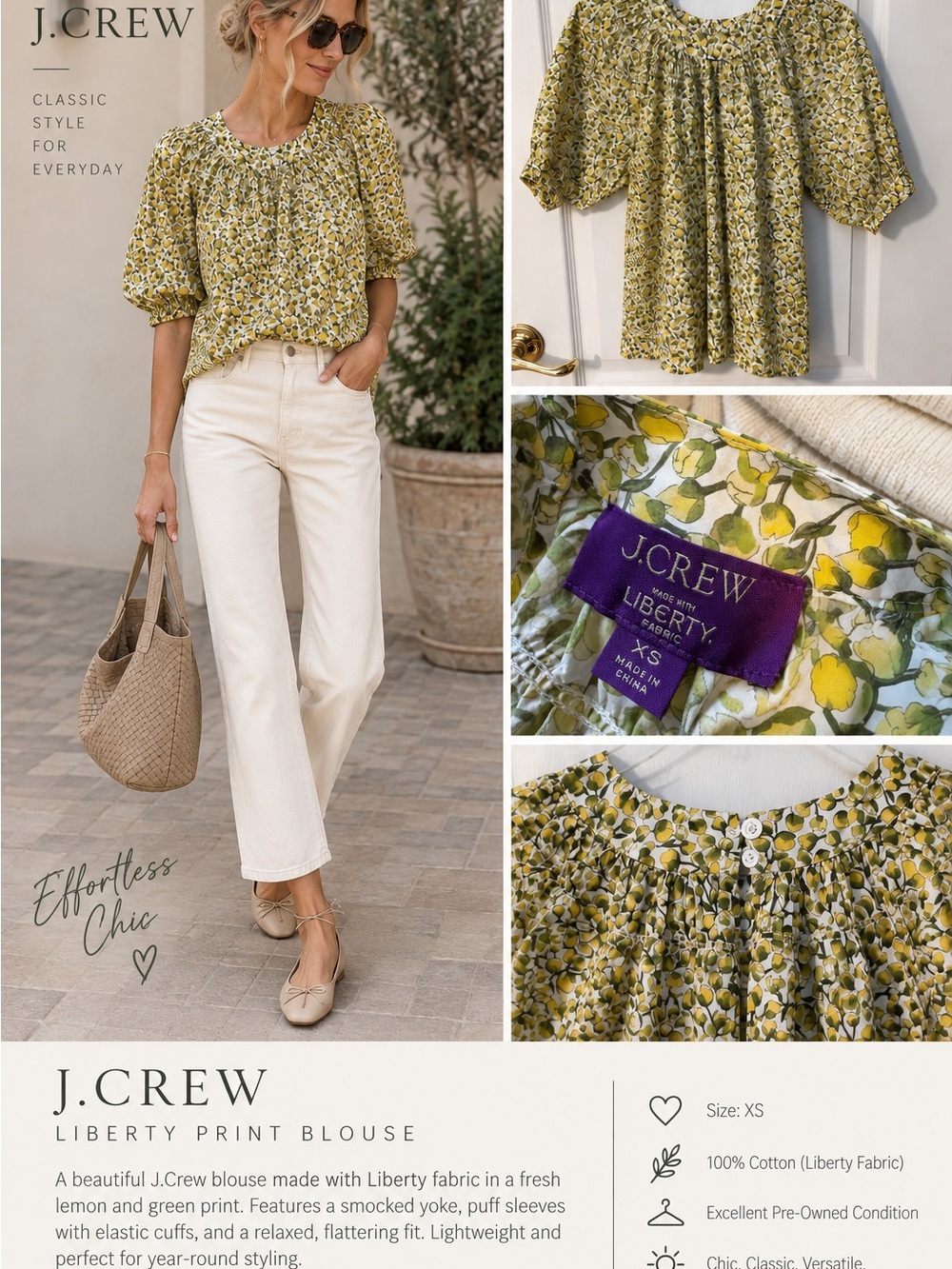 J. Crew Lemon and Green Floral Smocked Puff Sleeve Blouse